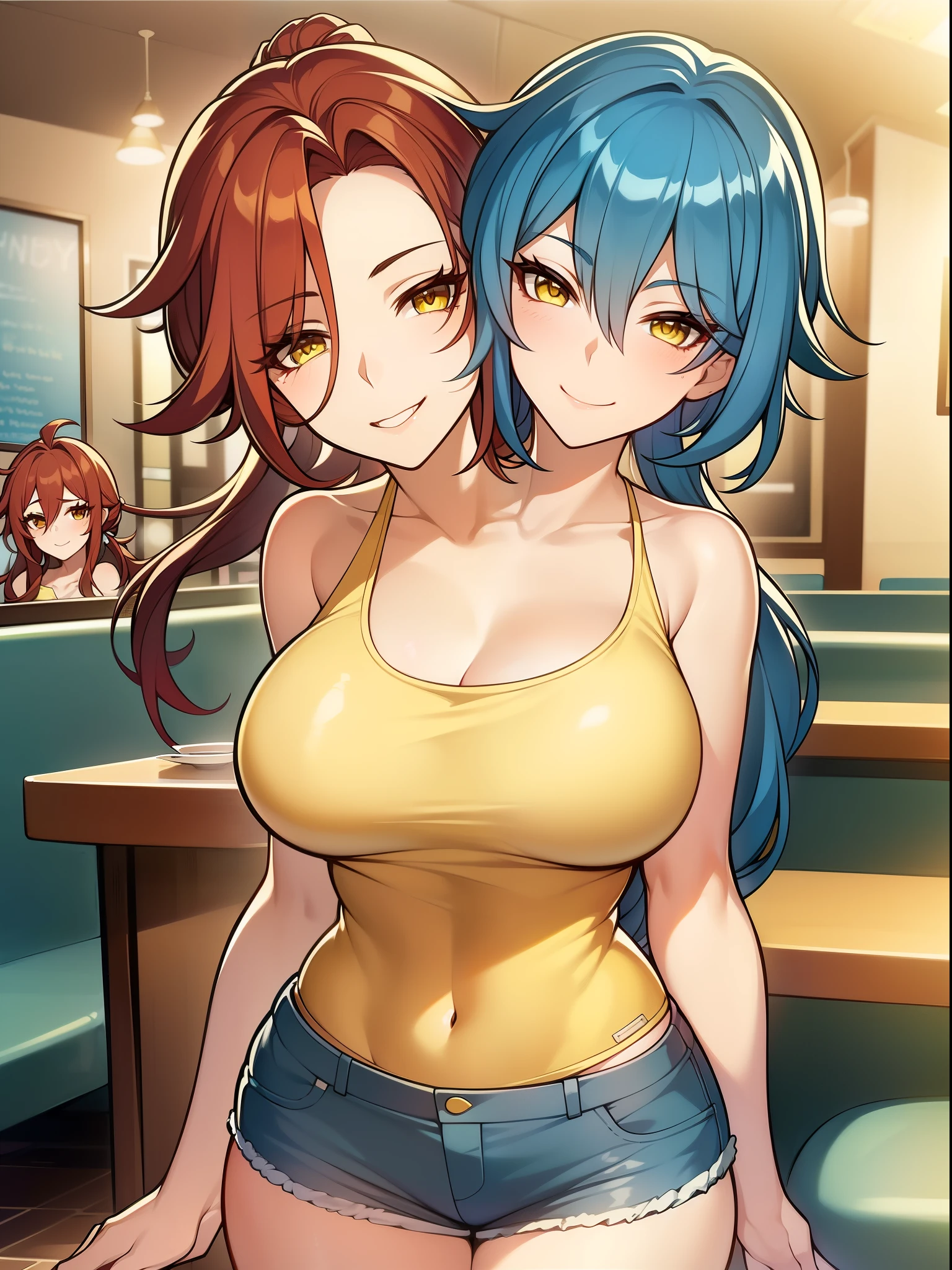 2 heads, (a tall skinny woman with 2 heads.) In a diner. Wearing a yellow tank top. Wearing shorts. Gorgeous face. Cute. Happy. Smiling. Mature. Flirty, ((straight red hair)). ((Straight blue hair)). Seductive. Lustful.. 2 heads. Conjoined. Horny, tall, yellow eyes, ((long ponytail)), ((long hair))