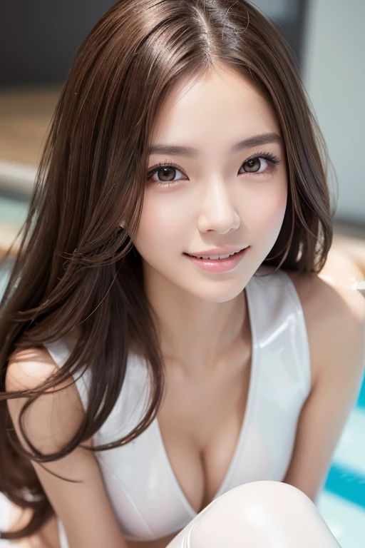 Latex bodysuit、Knee-high boots、Huge 、Long brown hair、Shiny, Oily skin、Glowing Skin、Indoor competition pool、White skin、Flying debris, Highest quality, Realistic, Very detailed, finely, High resolution, 8K デンデ wallpaper, One beautiful woman,, Light brown messy hair, Wear a business suit, Sharp focus, Perfect dynamic composition, Beautiful and detailed, Detailed Hair, Detailed Realistic skin texture, smile, Close-up portrait, Model body type