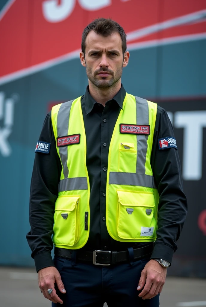 Now I want an image focused on a security guard with a vest and posing for a banner.