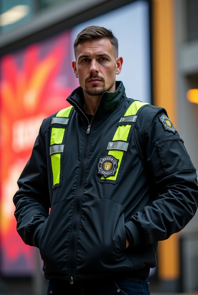 Now I want an image focused on a security guard with a vest and posing for a banner. 
