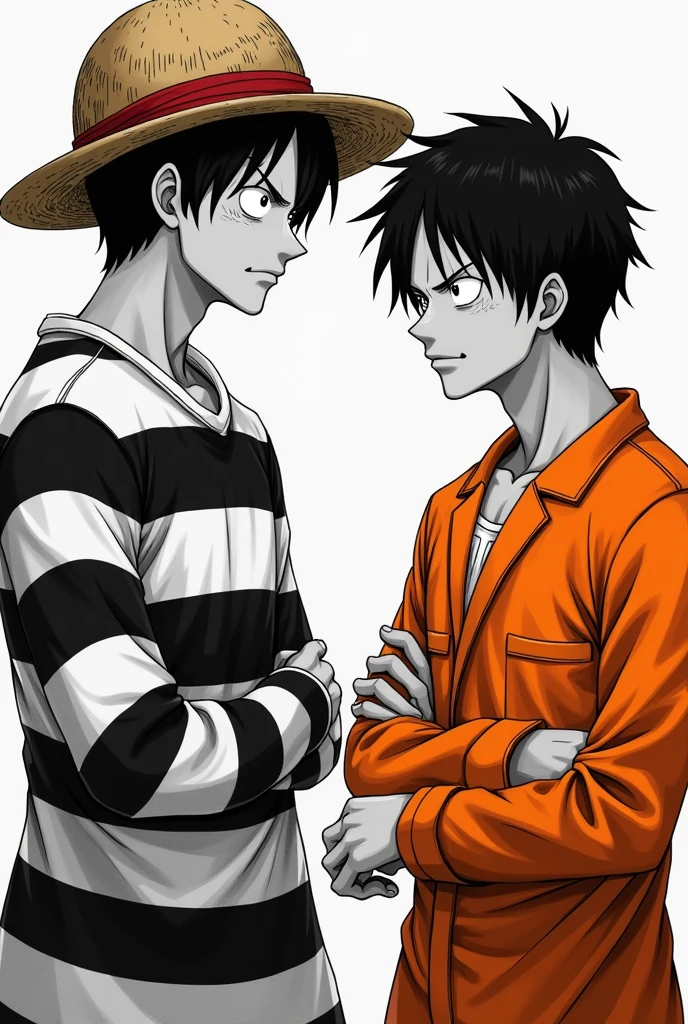 Monkey D. Luffy in a black and white striped long-sleeved prison uniform and Monkey D. .... Luffy in orange long sleeve prison uniform Original anime One Piece
