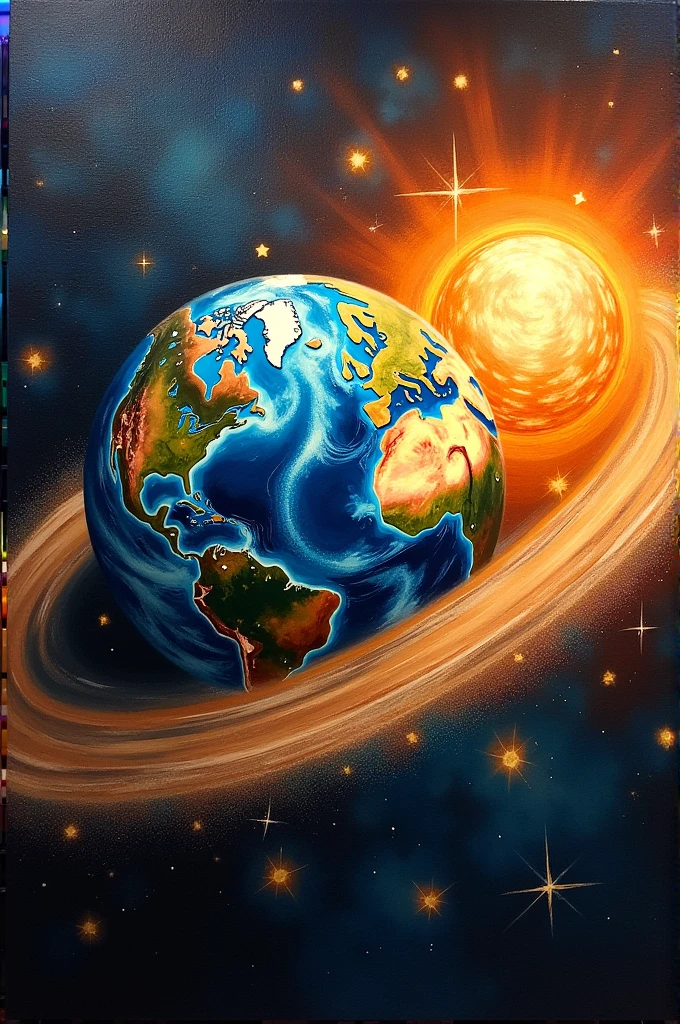 A rough oil paint of the beautiful earth revolving around the sun 28 times