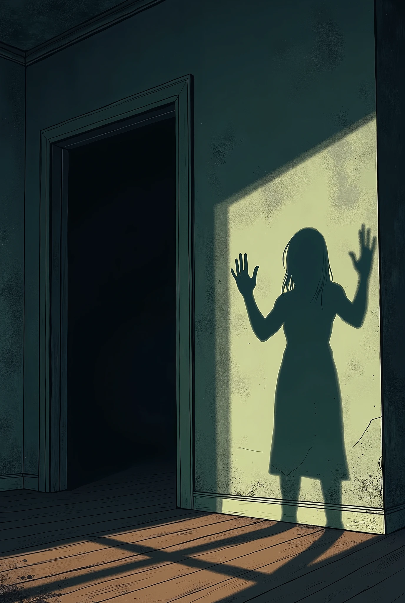 Create a comic-like image following this text: The room is now empty, but the shadow of a sinister figure is seen on the wall behind Sarah.