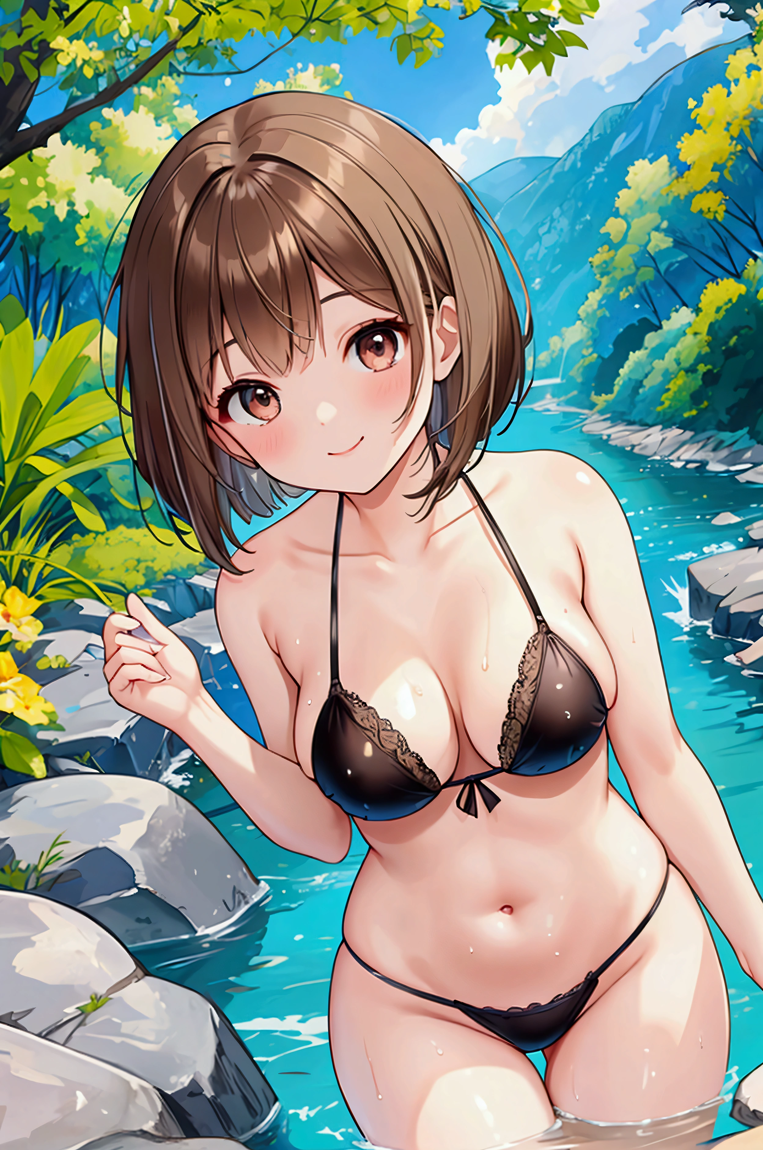 Photorealistic、Highest quality、Highest Resolution、Highest quality、16Ｋ、1 beautiful adult woman、Cute face、Delicate face、smile、Bob cut hair、Ash brown hair color、Brown eyes、Delicate eyes、Beautiful Eyes、Beautiful breasts、Big Breasts、valley、Black Bikini、Wet、river、river遊び、Sexy pose、Dynamic Angle、