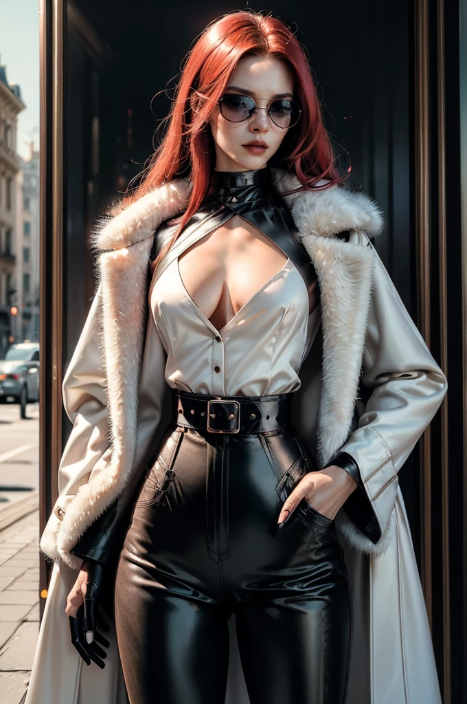 a beautiful young woman with long red hair, slim body, thin waist, narrow hips, detailed facial features, ((wearing high quality high waist black leather pants)), ((wearing formal white colored silk shirt with cleavage and long sleeves)), ((wearing black fur coat)), ((coat on shoulders)), ((red lining)), ((double luxury waist belt)), ((slightly red tinted glasses)), ((expensive reflective silk scarf)), holding a handbag, hand on waist, (best quality,4k,8k,highres,masterpiece:1.2),ultra-detailed,(realistic,photorealistic,photo-realistic:1.37),high fashion,editorial,dramatic lighting,cinematic,vivid colors,intricate details, glamorous