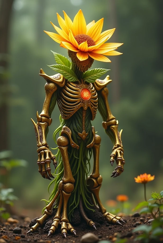 A small golden humanoid plant with a flower in the middle of its chest, wearing human bone armor with roots instead of feet and control of the four elements.