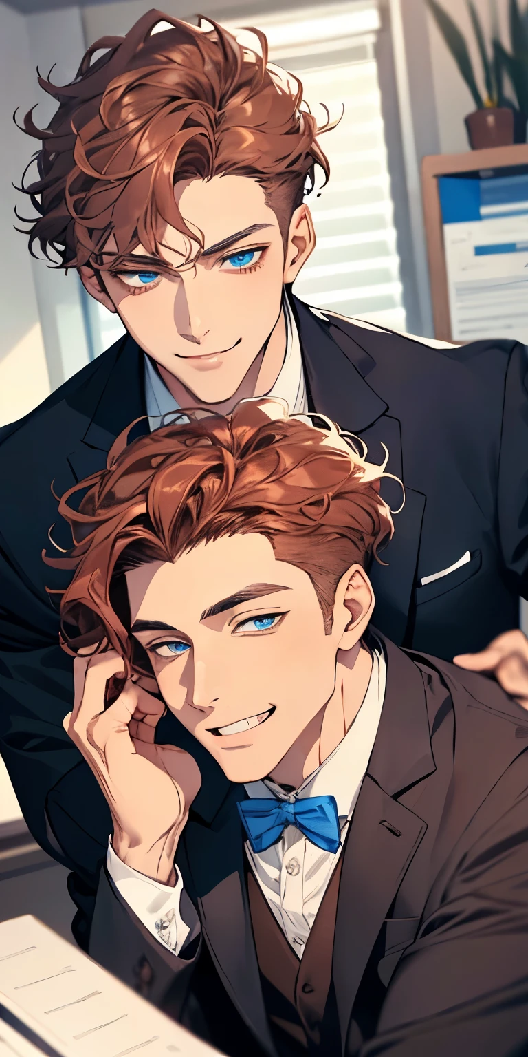 handsome 3 boy with brown curly hair and small lips long nose. 1 man mature, male mature. Expression smile in love. Blue eyes, CEO, Office home.