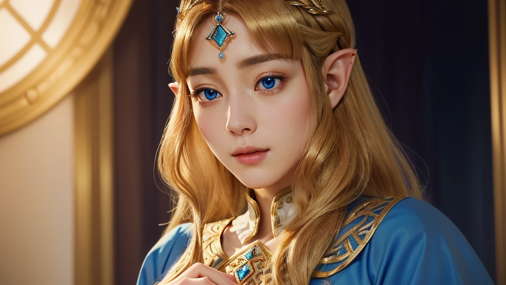 Blue eyes、"A delicate and detailed portrait of Princess Zelda from The Legend of Zelda, focusing on her upper body and face. Zelda stands with an air of quiet elegance, her posture regal and composed. She is adorned in a finely crafted royal gown, the fabric rich and textured, with intricate golden embroidery forming the Triforce symbol and other ancient patterns along the collar and bodice. Her long, golden hair cascades over her shoulders, perfectly framing her face. A delicate tiara rests gently on her forehead, encrusted with small, shimmering gems that catch the light. Zelda's face is a picture of grace, with smooth, porcelain-like skin and soft, delicate features. Her deep violet eyes are large and expressive, reflecting wisdom, compassion, and an inner strength. Her lips are slightly parted, showing a calm and gentle expression, as if she is on the verge of speaking. The overall impression is one of serene beauty and dignified power, embodying the spirit of the princess of Hyrule."