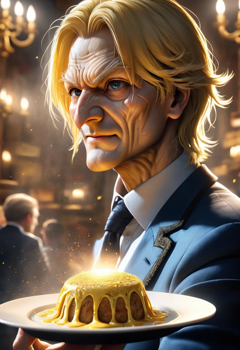 1boy, sanji, chef, holding plate of food, black suit, blue shirt, blond hair, neat hairstyle, side-parted hair, yellow tie, elegant, proud expression, intricate details, hyper realistic, 8k, masterpiece, photorealistic, cinematic lighting, dramatic lighting, warm color tones, mouthwatering food