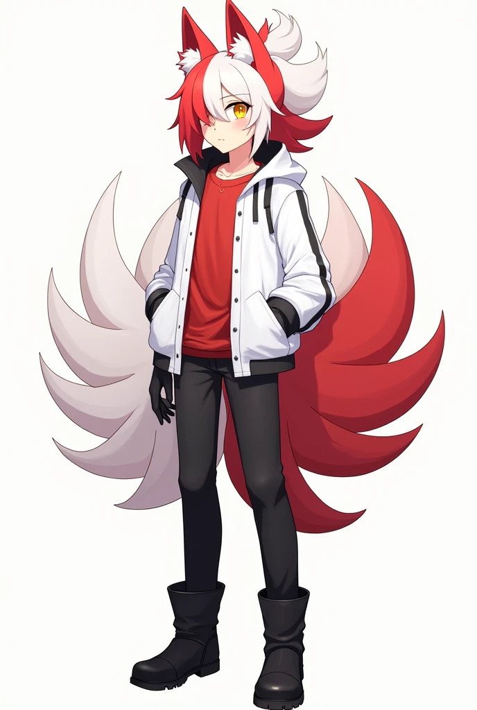 Create a male Kitsune character with half white and half red hair, with a ponytail, with the hair covering the eye a little on the left side, yellow eyes, eyes large, humanoid, with ears and nine tails with red tips and white tails, o nome dele é Kito Kaiiatsubaky, Men's White Windbreaker Jacket with Red Shirt, black pants and men's black boots, with black gloves, Personalidade: always cheerful and lively and willing to protect his friends and companions.