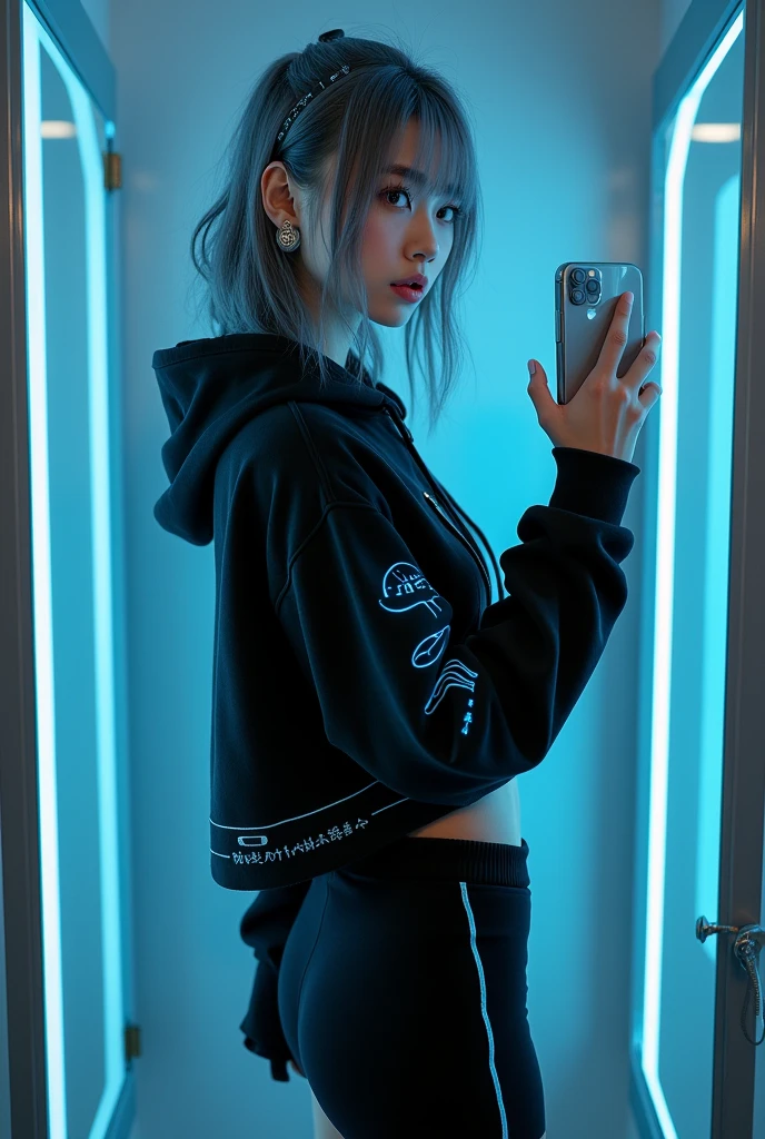 highly detailed, beautiful, hyper Realistic girl, masterpiece, best quality, Depict a mysterious and sophisticated beautiful Japanese gravure model,, 28-years-old, identity hidden, all body shot, / gray arranged hair, small head, Detailed face, cute and Pretty slim face, wide Duck mouth, perfect beautiful Tooth, arranged gray hair, shiny eyes, blue-colored eyes, Realistic skin, Detailed face, / Top: A black cropped hoodie in soft, high-quality sweat material, featuring luminescent blue circuitry patterns that add a cyberpunk edge. The hoodie has a relaxed fit with a high collar and zippered front for a sleek, modern look.
Bottom: A knee-length, fitted skirt made from matching sweat material, adorned with subtle metallic accents and a holographic side stripe. The skirt balances comfort with a stylish, futuristic aesthetic.
Footwear: Sleek black ankle boots with neon blue soles, combining sweat material with synthetic overlays for a blend of comfort and a cutting-edge appearance.
Accessories: Simple and futuristic, the outfit features a plain, functional sweat material belt, and LED-enhanced gloves. To complete the look, add holographic earrings and a visor-style headpiece with a transparent, glowing display, emphasizing the cyberpunk theme without referencing traditional police elements. //// simple white single room, gray frame mirror, complicated background /// takes a selfie in her room using a smartphone in front of a mirror with one hand, standing and fashion model Posing, all body below shot, looking away from the camera,