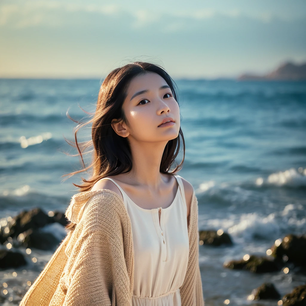 A hyper-realistic image of a single Japanese woman in her early 20s, captured with the intensified warmth and pronounced graininess of a classic film camera. She is standing by the seaside, with the soft, golden light of the setting sun casting a warm, almost tangible glow on her skin. Her skin has a natural, slightly rough texture that is highly realistic, showcasing visible pores, fine lines, and subtle imperfections like small blemishes, all of which contribute to the authenticity of her appearance. The film camera effect is more pronounced, with a noticeable grain that adds depth and a tactile quality to the image, making it feel almost as if you could reach out and touch the scene. The gentle breeze tousles her straight, glossy black hair as it frames her face, while her deep brown eyes, full of emotion, reflect the ambient light of the ocean. The background features the calm waves and a sandy shoreline, rendered with the soft focus and rich grain of the film effect, which enhances the nostalgic atmosphere of the scene. She is dressed in a light, flowing outfit that moves gently with the breeze, perfectly complementing the serene coastal setting. The overall composition is designed to evoke a deep sense of timeless beauty, with the enhanced film-like qualities and realistic skin texture capturing the imperfect, yet utterly lifelike, beauty of the moment.