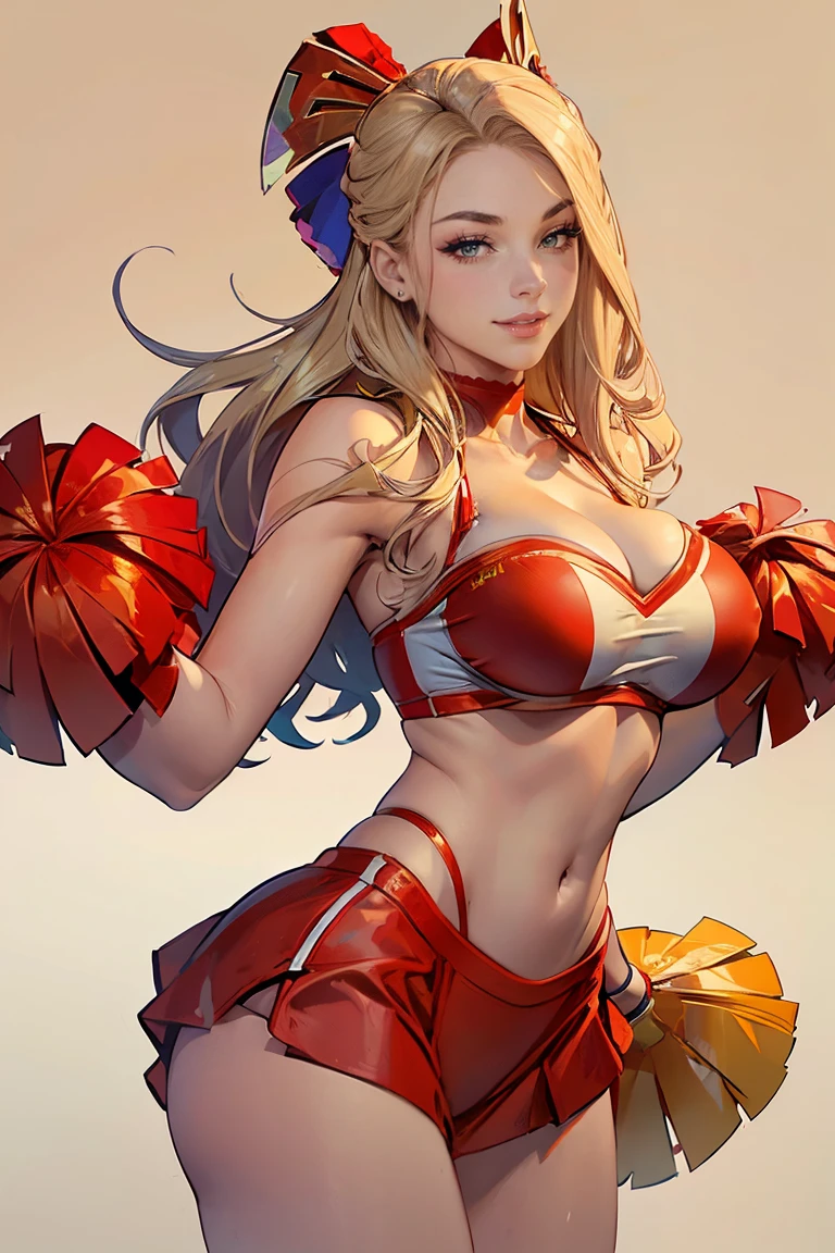 an attractive young woman, blonde, sculptural body, ((red cheerleader)), attractive smile, provocative, filming, quarto com Camera, ((Camera)).