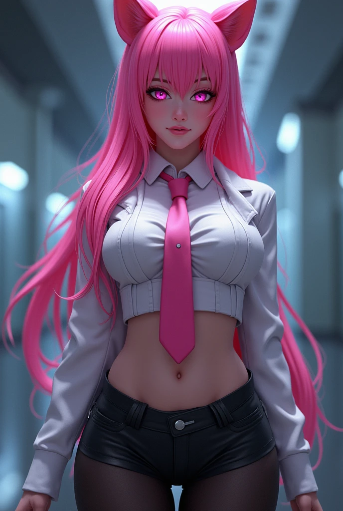 Woman with long hair　Pink hair, eyes and tie　E Cup　Researcher　Belly Show　Dog ears black tights