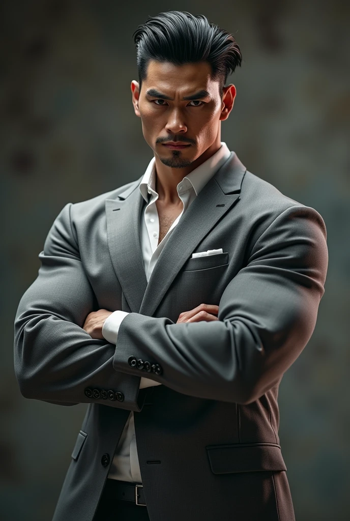 masterpiece, bestquality, High Quality, extremely detailed cg unity 8k wallpaper, Depth of Field, HDR,,photorealistic portrait,Very detailed, 1 man, asian, Short black hair (wearing a gray suit), Pectoral muscles, Big arm muscles, blood vessel, Big muscles, Wide shoulders, looking at the audience, balance eyes, (eye contact)