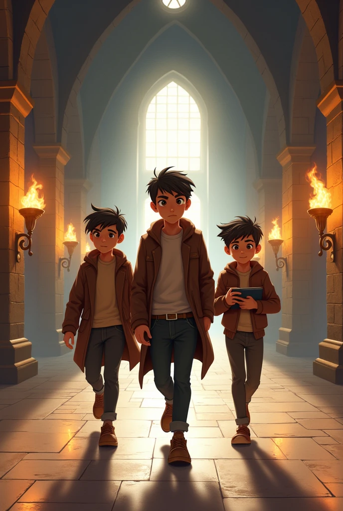 To create the illustration of the three friends walking down a castle hallway, I will imagine the scene based on the characters' descriptions:
**Description of the scene:**
- **Scenario**: A long, imposing corridor inside a castle, with stone walls, torches lit on the walls, and large windows that let in the soft morning light. The floor is polished stone, reflecting the light of the torches and creating a historic and grand atmosphere.
- **Personagens**:
- **Adam (18-years old)**: Walk in front, showing a serious and determined air. Your posture reflects a strong sense of responsibility, perhaps with arms crossed or a focused gaze ahead.
- **Carlos (19yearsold)**: Está ao lado de Adam, wearing glasses that reflect the light from torches. He has a thoughtful and intellectual expression, perhaps holding a book or making a gesture that suggests reflection.
- **Julius (18-years old)**: Walks alongside or slightly behind the other two, With a smile on his face. He is the most relaxed, perhaps gesturing excitedly or looking at friends with a mischievous expression.