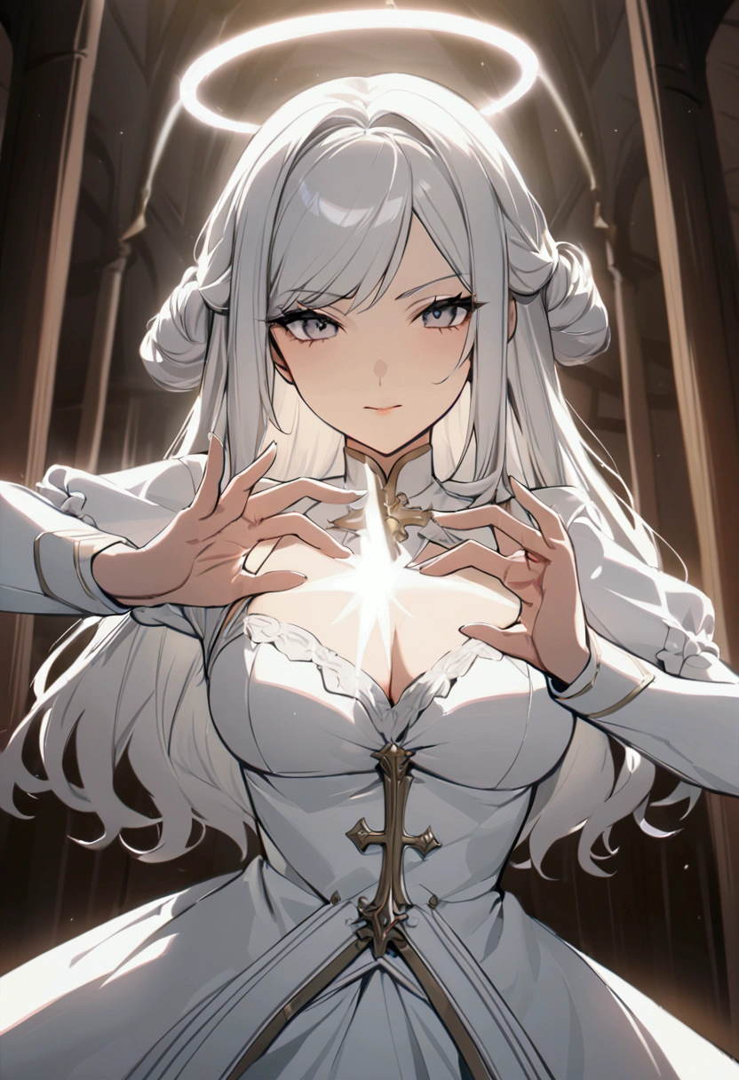 (Anime adulte woman), priestress, priestress white dress, light aura, church background, cleavage, has magician staff with light white crystal, hand with five fingers, light halo, casting light spell pose