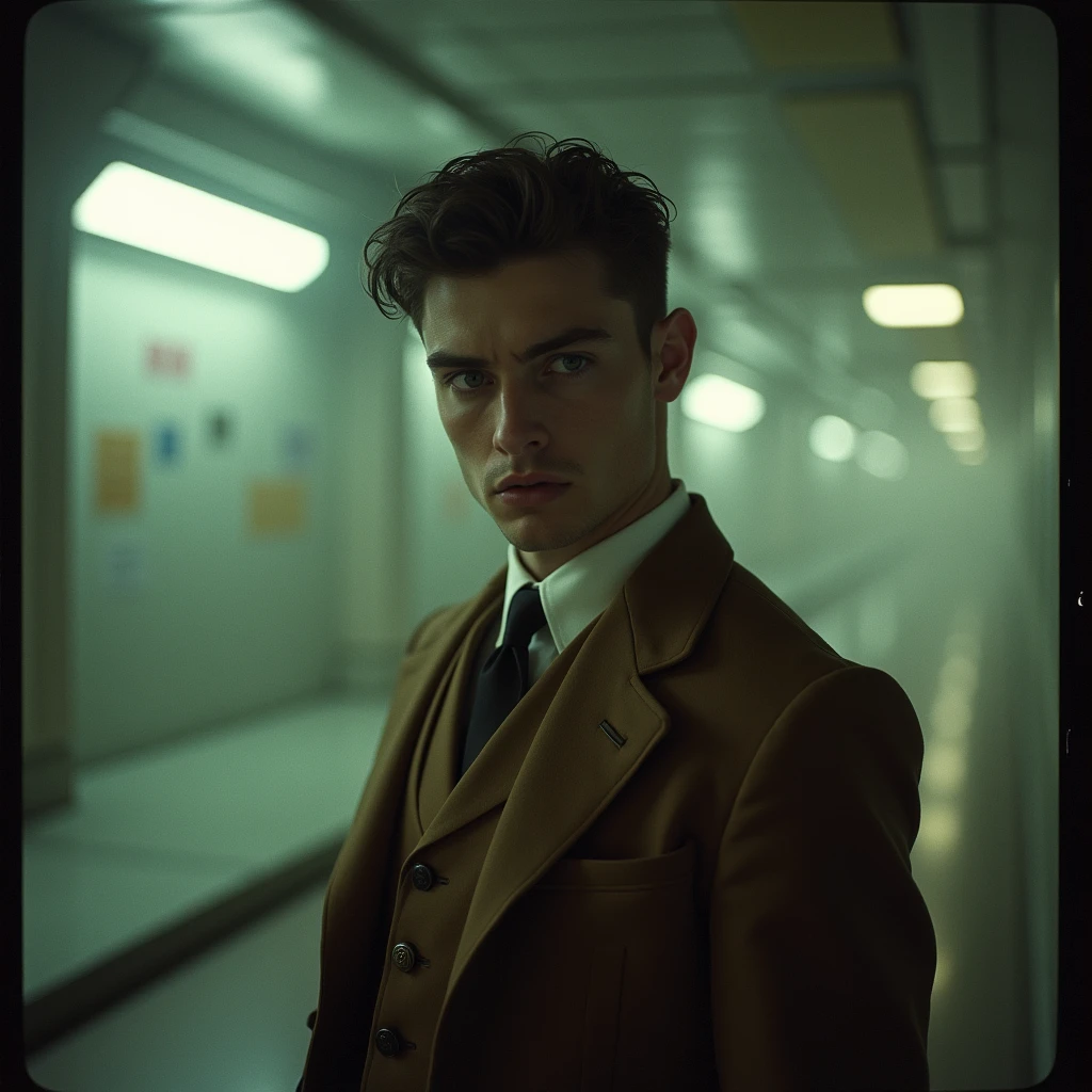 Analog Film Photography Solo, style, Portrait of Evalast Galois、Nihilistic smile、Realistic, ((Vintage photo)), (((male:1.5), (male:1.5), people, 1peopleの20歳の, caucasian male)), (((anger,angerの脈):1.2)), (((Brown suit:1.3))), ((Spaceport)), ((Dynamic pose)), Detailed, (Cinematic shots:1.3), PA7_Humale-Likeness, (PA7_Photo - Black and White:1.2), 8k, Distinct facial features, Pastel-themed color grade, インゲ・モラートのstyle, Skin David McCallum . Faded film, Low saturation, 35mm Photography, granular, Vignette, Vintage, Kodachrome, Lomography, Dirty, 非常にDetailed, discovered footage