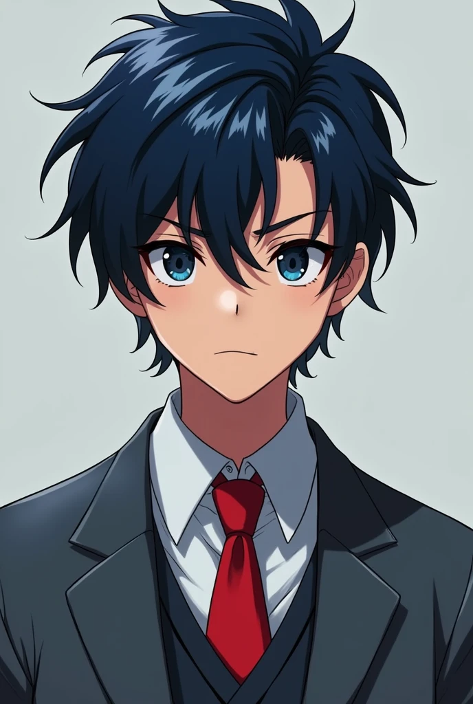 Sixteen year old boy with black hair and a navy blue lock of hair, black eyes, a good physique with the UA uniform, a gray jacket with a red tie