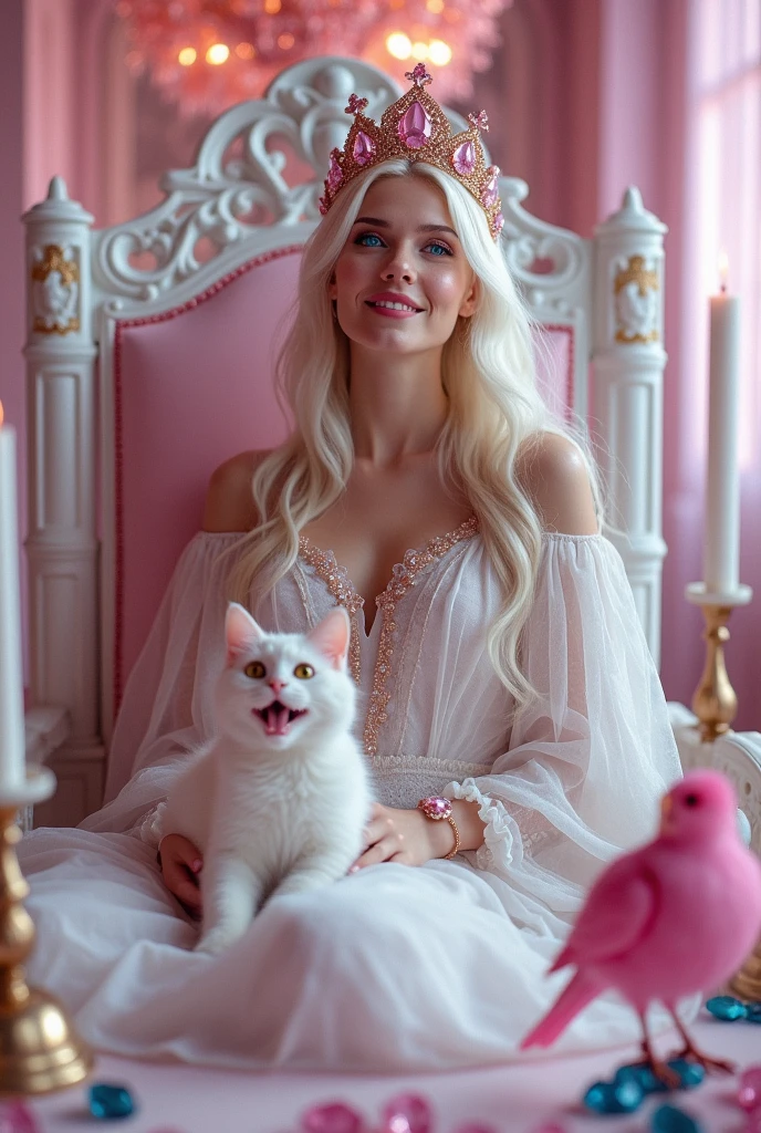 (full body shot:1.3) A woman queen very happy in a (white 0:9 pink 1:0 dress) sitting carelessly on a (pink throne 1:1) with a rose golden crown with pink cristals 1:1, (white cat) sitting in her lap, (pink bird) sitting on the pink thrown an elegant gothic princess, gothic princess portrait, beautiful vampire female ice queen, her crown with pink sparkling cristals gothic regal, white ice queen with bright neon blue eyes, light blonde long hair, medieval fantasy, sitting on white intricate throne, wearing a white lace silk gothic dress many layers, beautiful elegant queen, lovely white winter princess, a beautiful fantasy empress, beautiful vampire queen. Princess, a beautiful fantasy empress, beautiful vampire snow queen. ARRI ALEXA 65, 50mm lens, dynamic pink lighting, pink cristal chandelier hanging from the roof 1:1, blue cristal gold gothic medieval candle sticks on a white table medieval style. Whole set medieval gothic style.