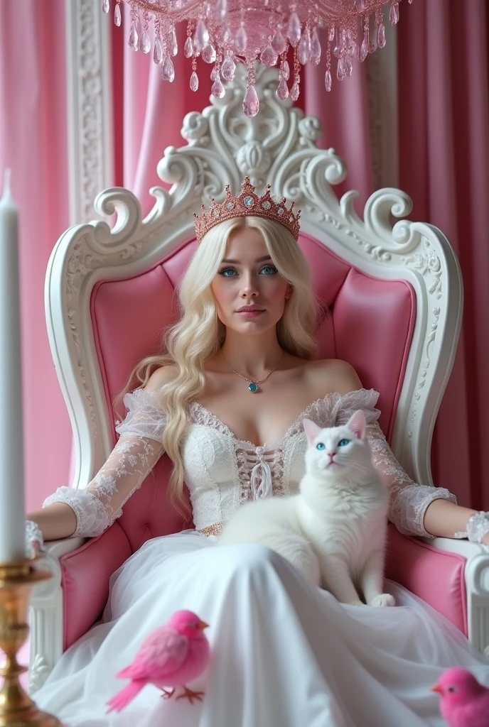 (full body shot:1.3) A woman queen very happy in a (white 0:9 pink 1:0 dress) sitting carelessly on a (pink throne 1:1) with a rose golden crown with pink cristals 1:1, (white cat) sitting in her lap, (pink bird) sitting on the pink thrown an elegant gothic princess, gothic princess portrait, beautiful vampire female ice queen, her crown with pink sparkling cristals gothic regal, white ice queen with bright neon blue eyes, light blonde long hair, medieval fantasy, sitting on white intricate throne, wearing a white lace silk gothic dress many layers, beautiful elegant queen, lovely white winter princess, a beautiful fantasy empress, beautiful vampire queen. Princess, a beautiful fantasy empress, beautiful vampire snow queen. ARRI ALEXA 65, 50mm lens, dynamic pink lighting, pink cristal chandelier hanging from the roof 1:1, blue cristal gold gothic medieval candle sticks on a white table medieval style. Whole set medieval gothic style.