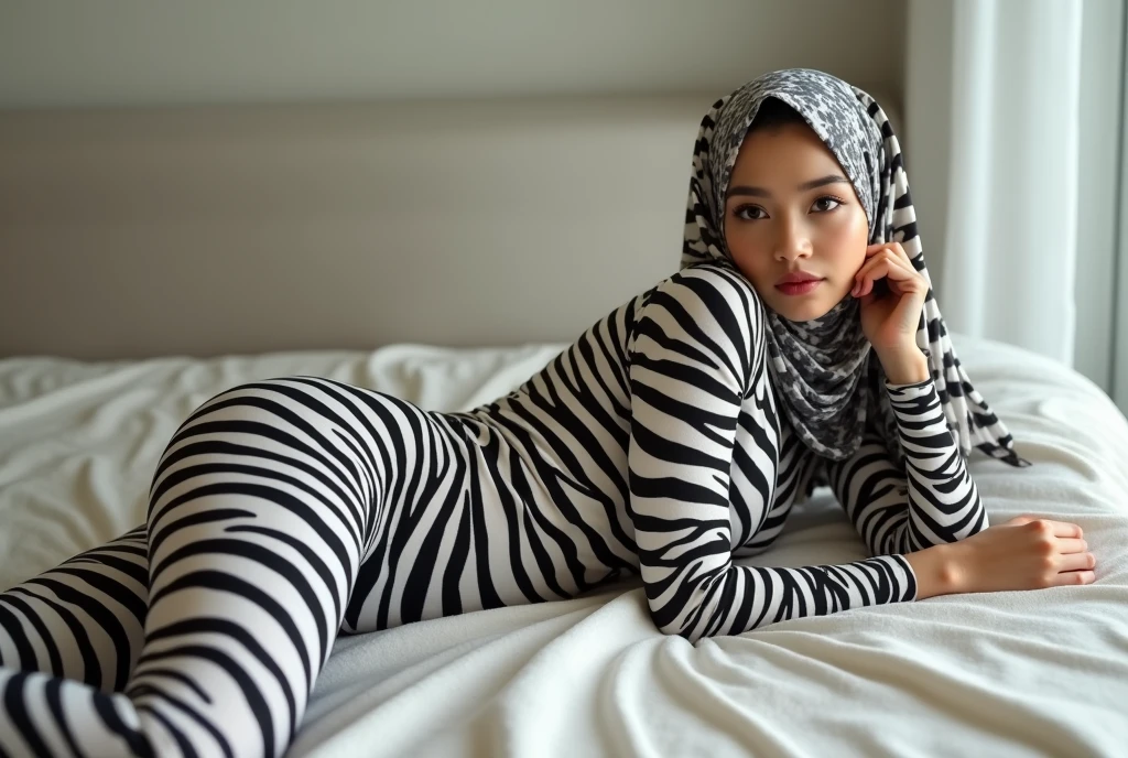 The beautiful,thin,most pretty and clever Asian muslimah woman with beautiful cheeks wears plains zebra print lycra footed turtleneck unitard catsuit covered with stripes and plains zebra print lycra elastane stretchy dancewear chiffon hijab covered with stripes.She is sleeping on the mattress