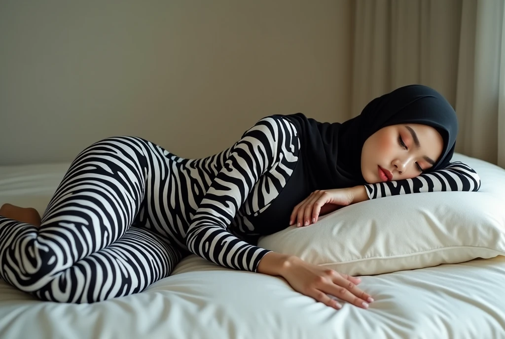 The beautiful,thin,most pretty and clever Asian muslimah woman with beautiful cheeks wears plains zebra print lycra footed turtleneck unitard catsuit covered with stripes and plains zebra print lycra elastane stretchy dancewear chiffon hijab covered with stripes.She is sleeping on the mattress