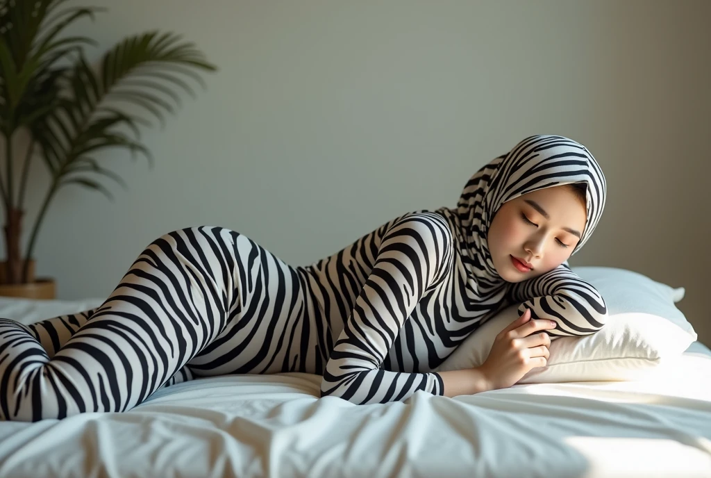 The beautiful,thin,most pretty and clever Asian muslimah woman with beautiful cheeks wears plains zebra print lycra footed turtleneck unitard catsuit covered with stripes and plains zebra print lycra elastane stretchy dancewear chiffon hijab covered with stripes.She is sleeping on the mattress