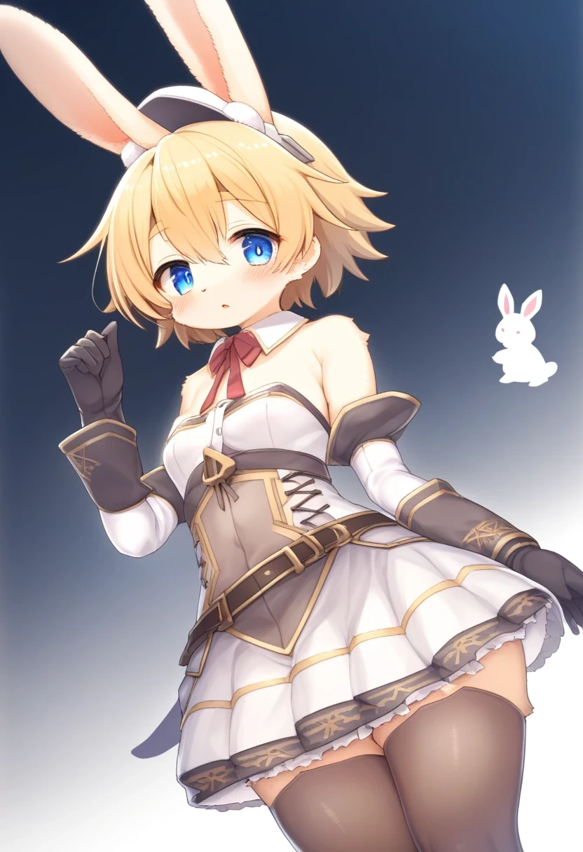 ((Masterpiece)), ((Best Quality)), (Very Detailed), ((Very Detailed)), 4K, (8K), very aesthetic, absurdres highres, 1 woman, (anthropomorphic Rabbit, furry, kemono:1.5), solo, blue eyes, bare shoulders, short hair, gloves, looking at viewer, blush, thighhighs, headgear, small breasts, closed mouth, breasts, white background, thighs, elbow gloves, cowboy shot, black gloves, grey hair, standing, skirt, armor, simple background, detached sleeves, blonde hair, mecha musume