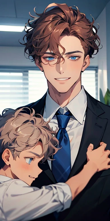 handsome 3 boy with brown curly hair and small lips long nose. 1 man mature, male mature. Expression smile in love. Blue gray eyes, CEO, Office home.