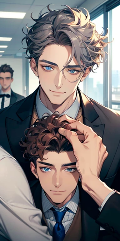 handsome 3 boy with brown curly hair and small lips long nose. 1 man mature, male mature. Expression smile in love. Blue gray eyes, CEO, Office home.