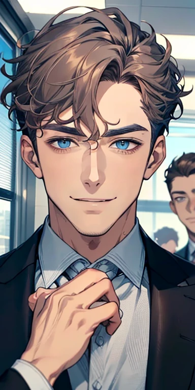 handsome 3 boy with brown curly hair and small lips long nose. 1 man mature, male mature. Expression smile in love. Blue gray eyes, CEO, Office home.