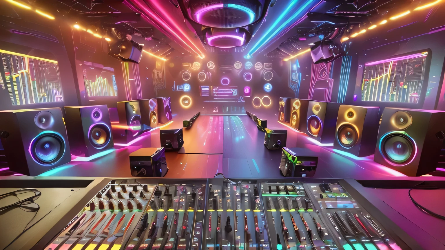 a close-up of a soundboard with speakers and lots of lights, best in stock from Adobe, dj, urban music studio, nightclub background, stage in a club, audio equipment, Mixing, futuristic scenery, beeple-style hybrid mix, colorful vivid octane rendering, professional studio, elaborate stage effects, background art, Hyper-realistic lighting studio, studio photo
