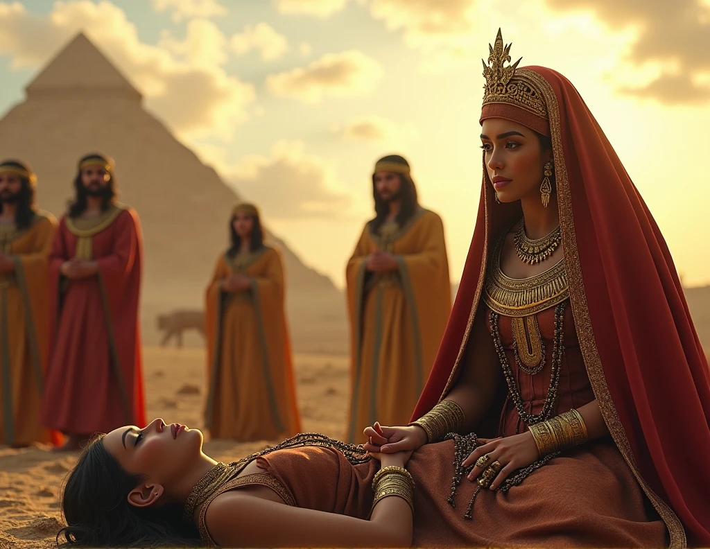 a young Egyptian princess had died near the Egyptian pyramids, a group stand around mourning her body, adventurous style, highly detailed, photorealistic, 8k, hyperrealistic, extremely detailed, cinematic lighting, warm color tones, dramatic shadows, ornate jewelry, intricate clothing details, sad and dramatic, dynamic composition, early morning light, volumetric clouds, atmospheric haze, several people in head dress