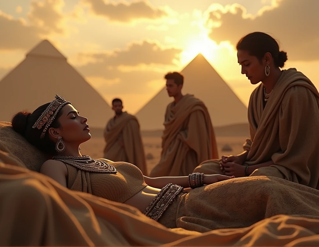 a young Egyptian princess had died near the Egyptian pyramids, a group stand around mourning her body, adventurous style, highly detailed, photorealistic, 8k, hyperrealistic, extremely detailed, cinematic lighting, warm color tones, dramatic shadows, ornate jewelry, intricate clothing details, sad and dramatic, dynamic composition, early morning light, volumetric clouds, atmospheric haze, several people in head dress