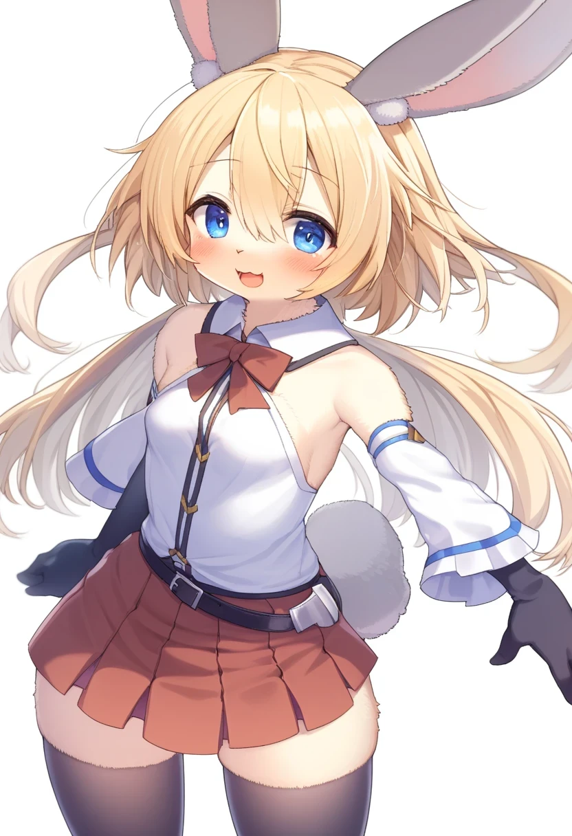 ((Masterpiece)), ((Best Quality)), (Very Detailed), ((Very Detailed)), 4K, (8K), very aesthetic, absurdres highres, 1 woman, (anthropomorphic Rabbit, furry, kemono:1.5), solo, blue eyes, bare shoulders, short hair, gloves, looking at viewer, blush, thighhighs, headgear, small breasts, closed mouth, breasts, white background, thighs, elbow gloves, cowboy shot, black gloves, grey hair, standing, skirt, armor, simple background, detached sleeves, blonde hair, mecha musume