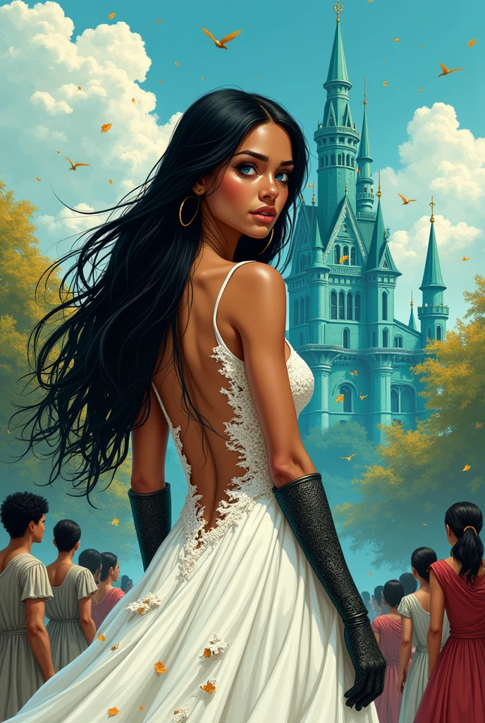 Caramel-skinned princess with long black hair and vibrant blue eyes. your hands are wearing a pair of iron gloves that cover your fingers. She is wearing a white wedding dress that is ripped and shows her back with a vertical tear.. She is looking at a turquoise palace and is scared. There are many people looking at her with disgust. There are birds in the sky and a green forest behind the palace.
Golden leaves fall from the blue sky. There are black and gold veins popping out from her bare back. From the palace window a red-haired king watches her. Realistic illustration like fairy tales.