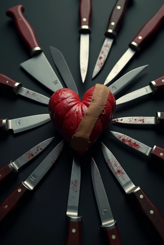 A heart with a band-aid on it, kitchen knives point at it in a circle, detailed 4k horror artwork, artwork in the style of guweiz, clean brutal