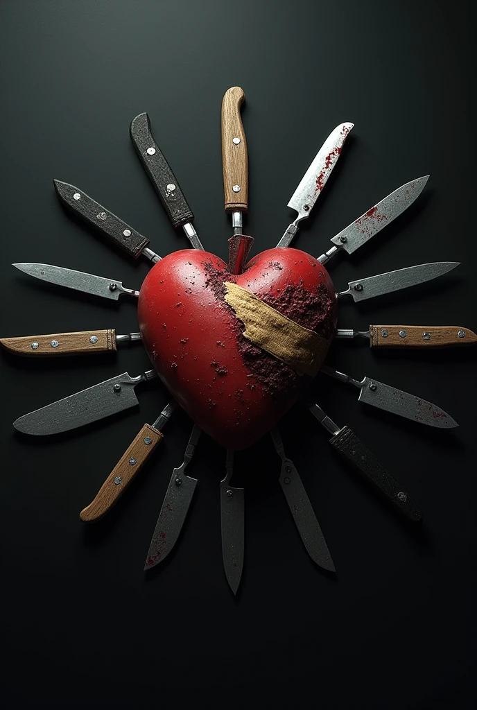 A heart with a band-aid on it, kitchen knives point at it in a circle, detailed 4k horror artwork, artwork in the style of guweiz, clean brutal