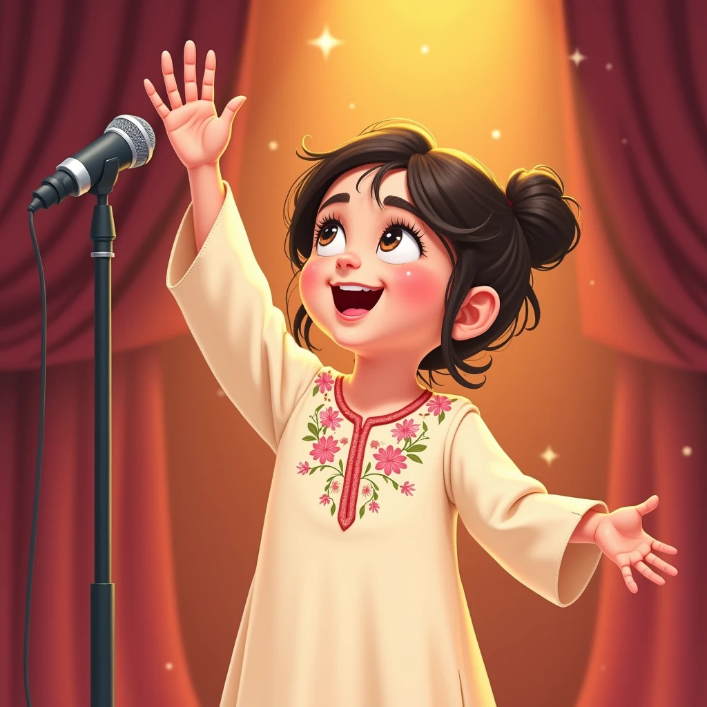Lily, (highest quality, 4k, masterpiece:1.3), A young Pakistani Muslim girl wearing a traditional cream shalwar kameez with pink floral embroidery. Her hair is styled in a neat bun with loose strands framing her face, as seen in previous images. She looks up, one hand raised high as if reaching for the stars, smiling joyfully, holding a microphone. The image is in a 2D animation style, with bright colors, cartoonish features, and soft, smooth shading. The background shows soft curtains, warm stage lighting, and a playful, joyful atmosphere. Clear outlines, simple textures, and an illustrated, digital painting look. (Cream shalwar kameez, pink floral embroidery, consistent outfit:1.3), (same hairstyle as before:1.3), (microphone in hand:1.3), (microphone always visible:1.3)