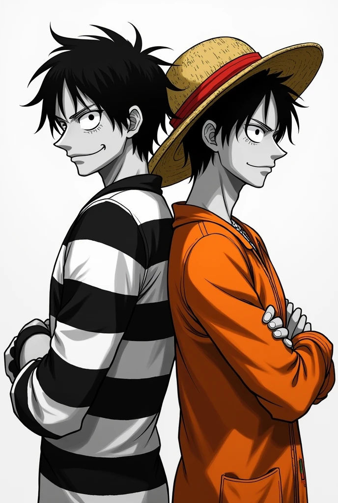 Monkey D. Luffy in a black and white striped long-sleeved prison uniform and Monkey D. .... Luffy in orange long sleeve prison uniform Original anime One Piece