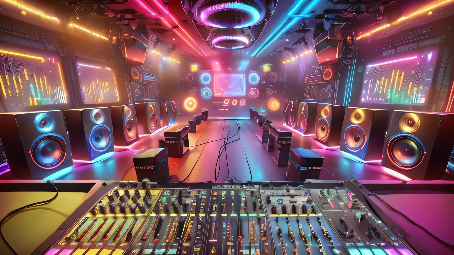 a close-up of a soundboard with speakers and lots of lights, best in stock from Adobe, dj, urban music studio, nightclub background, stage in a club, audio equipment, Mixing, futuristic scenery, beeple-style hybrid mix, colorful vivid octane rendering, professional studio, elaborate stage effects, background art, Hyper-realistic lighting studio, studio photo