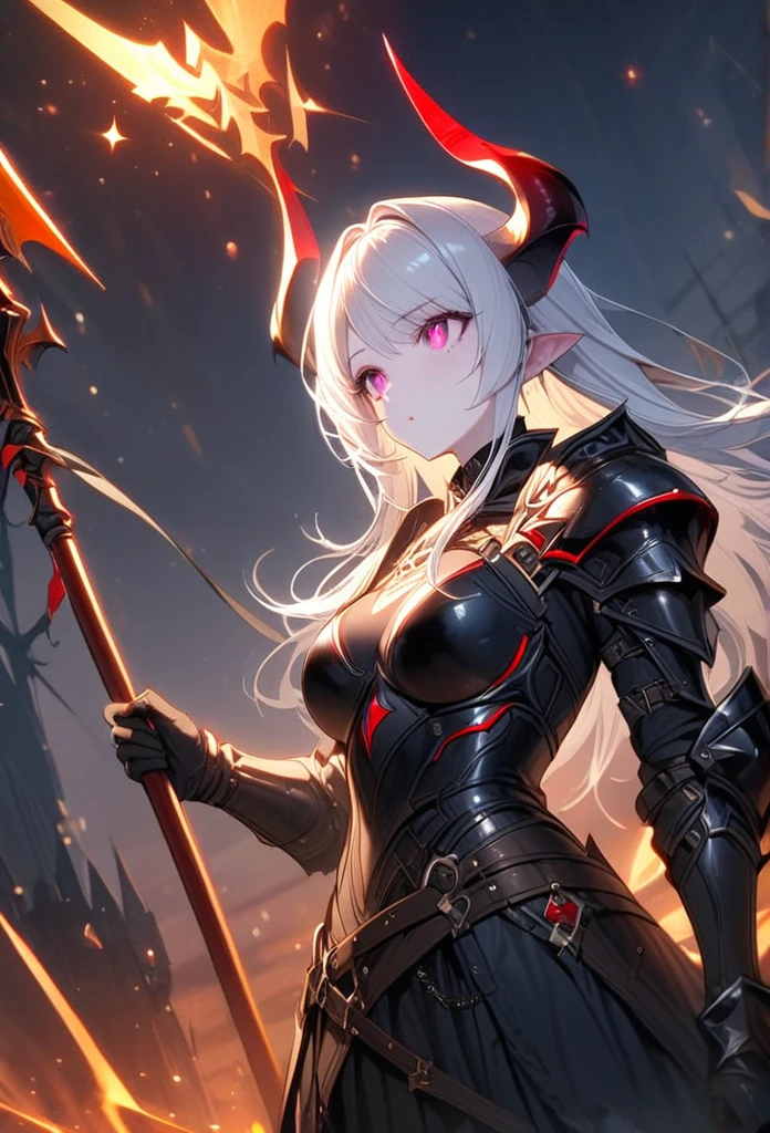 (One Woman),(Best image quality, 32K, masterpiece:1.3),((Silver long hair:1.1)),(Swept-apart bangs,Braiding), (Cute eyes, Dark Eyes), (Detailed eyes),(Mole under right eye), (Standard weight), (Glowing Skin:1.1),(Pale skin:1.2),(A fantastic atmosphere),(look up),Ultra-high resolution, Textured skin, Sparkle Effect, Low Angle,

dark Knight,Black plate armor with one large spike on the shoulder,Black helmet with two horns,Black tattered cloth,

Death Scythe,

Red-black sky,Black Earth,Standing posture,Don&#39;t show skin,

