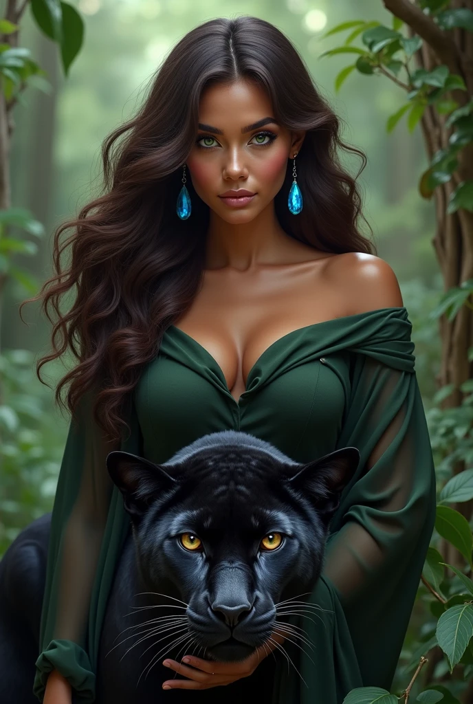 A big girl with wavy chocolate hair and green eyes with blue gemstone earrings protecting a black panther with brown eyes