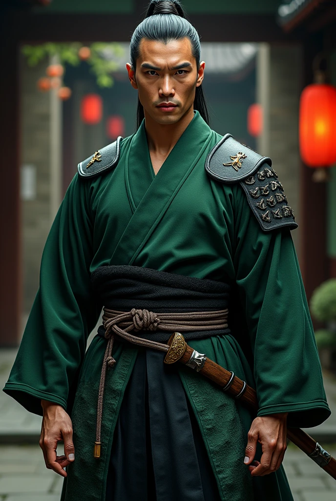 Attractive and strong Japanese man, Samurai, black and green outfits. 30 years old man.