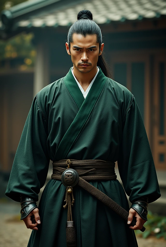 Attractive and strong Japanese man, Samurai, black and green outfits. 30 years old man.