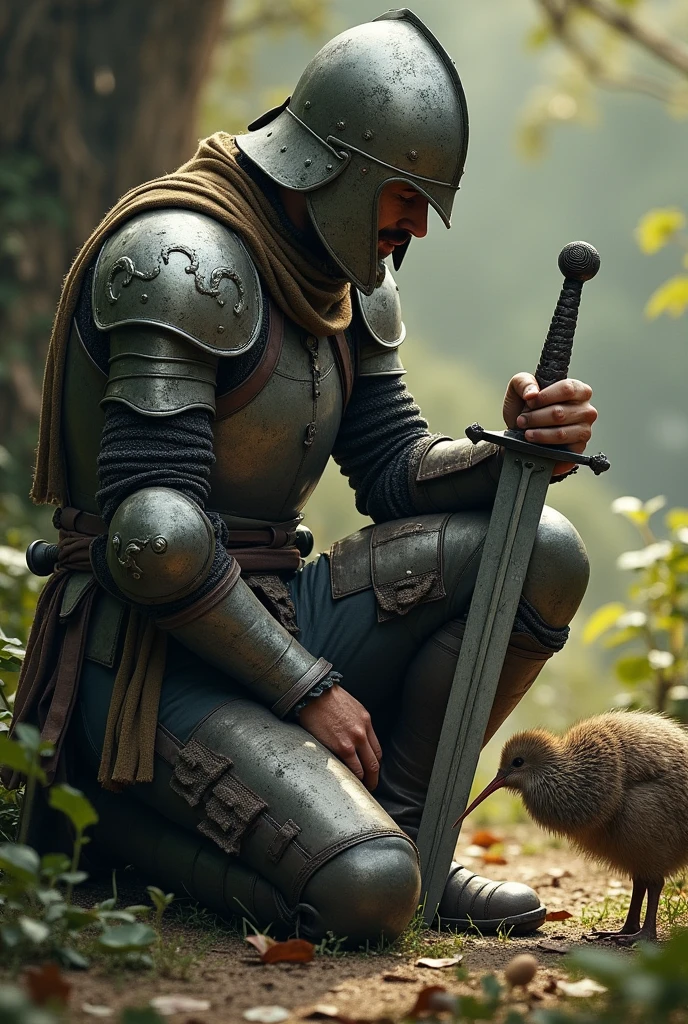 Medieval warrior with helmet (minute details in the armor), On knees, leaning on his sword watching a kiwi