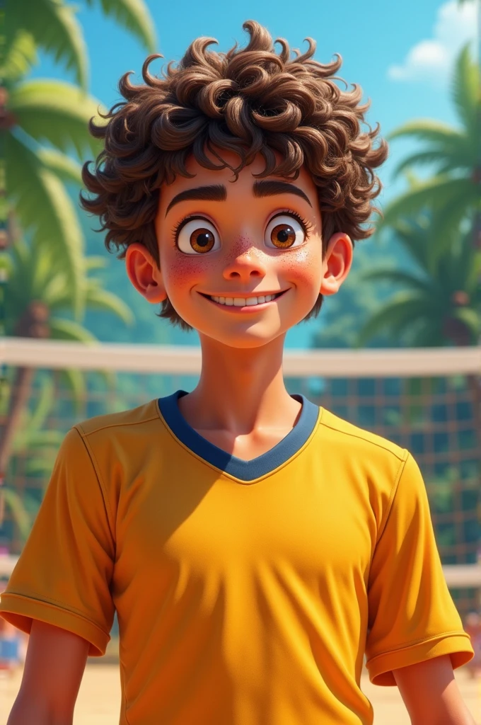 A teenager with short curly hair, he's low, bonitas, plays volleyball, he's brown with a big nose