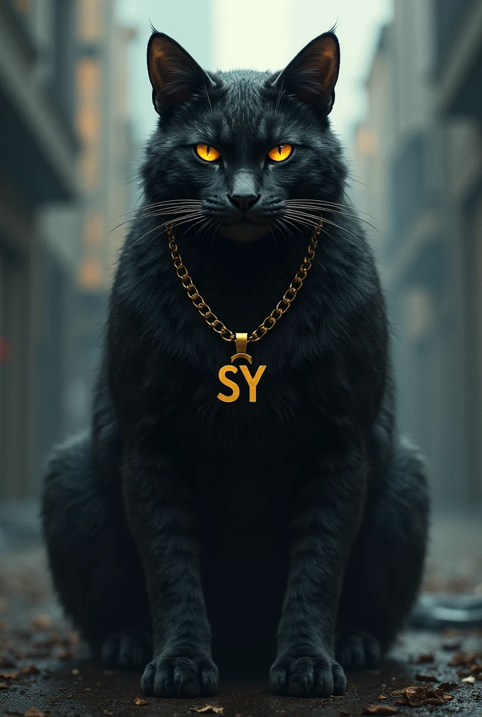 Draw a scene with a big bad cat, with a necklace that says SY and aggressive gold letters