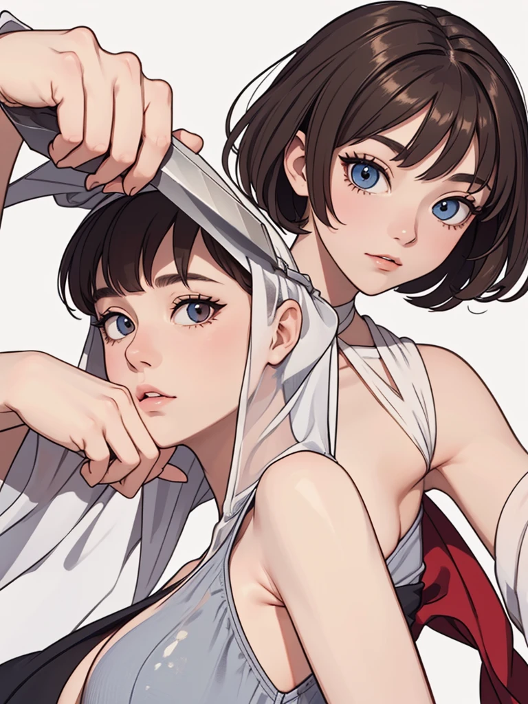 (((masterpiece, best quality, ultra highres, 1 girl, solo, no background))), super detailed skin and face and eyes and finger, beautiful japanese woman, flat breasts:1.5, skinny, light brown hair, very short hair,pixie haircut, cowboy shot, white background, 2D anime, boyish, expressionless, Various clothes, Various poses, Please draw the entire character within the frame, ensuring that the head, arms and legs are not cut off, with the character positioned centrally, nipple dots, see-through, spread legs,